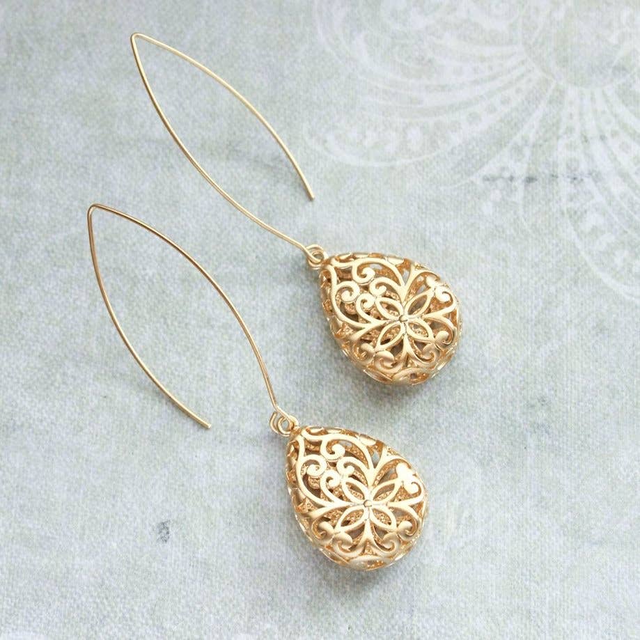 A Pocket of Posies - Gold Teardrop Filigree Earrings - Short: Short