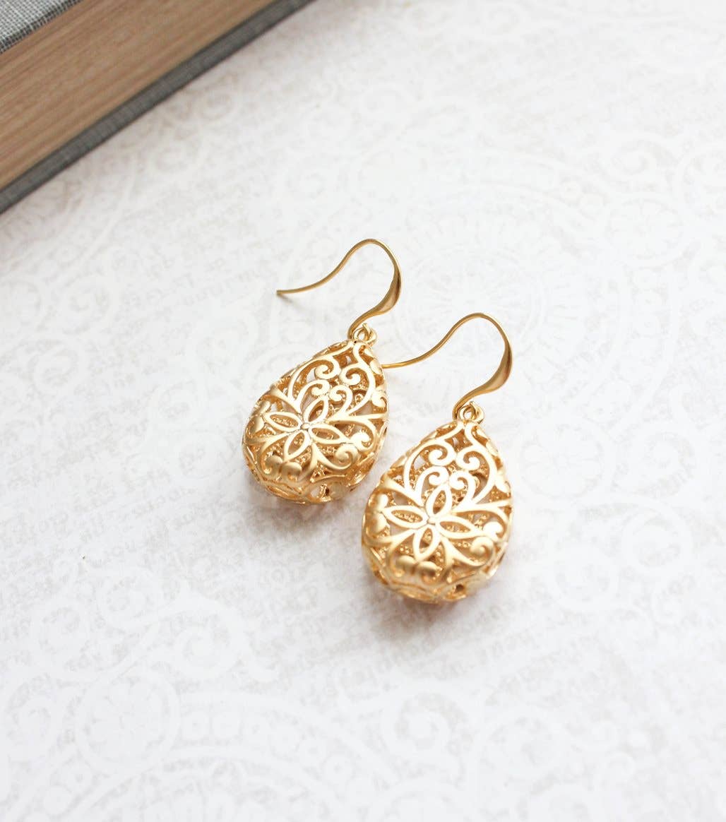 A Pocket of Posies - Gold Teardrop Filigree Earrings - Short: Short