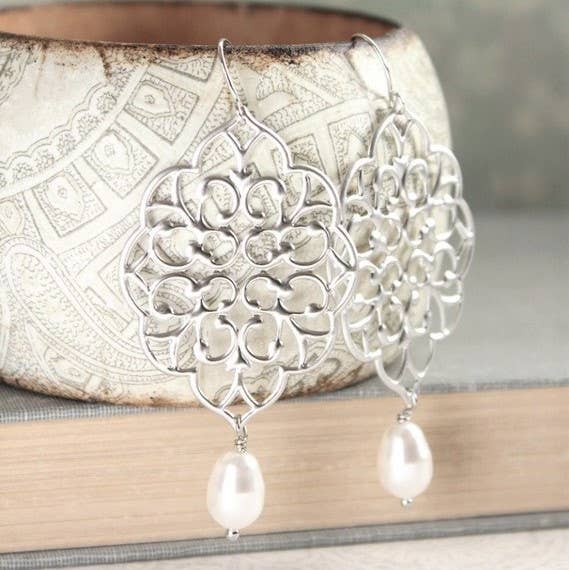 A Pocket of Posies - Gold Filigree Earrings - White Pearl: Silver