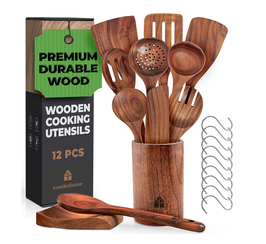 Woodenhouse - 12 pcs Wooden Utensils Set with Holder, Spoon Rest & Hooks
