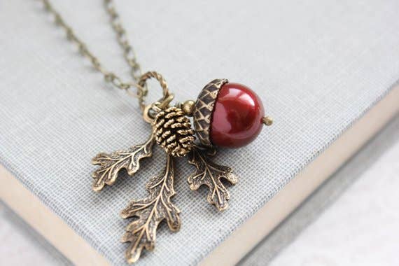 A Pocket of Posies - Brown Acorn Necklace -  - ANTIQUED BRASS: Chocolate Brown / 18 inches