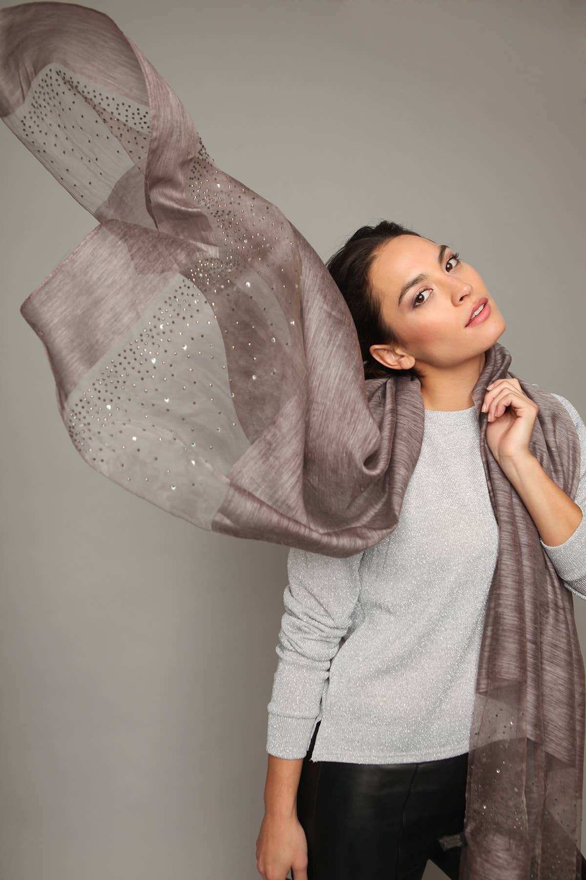 SAACHI - Star Gazer Wool Blend Sparkle Silk Scarf: Charcoal