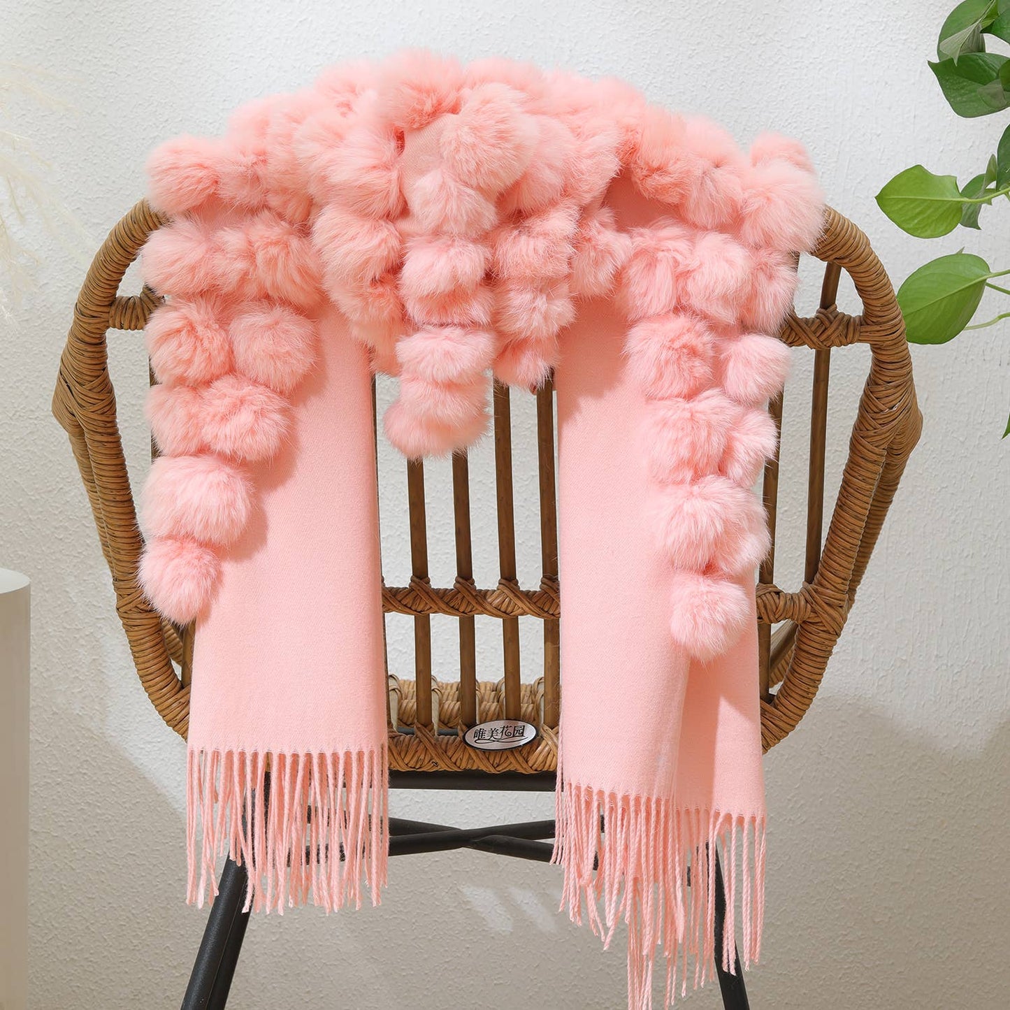 PEACH ACCESSORIES - M304 pompom fur Shawl: Dark Grey