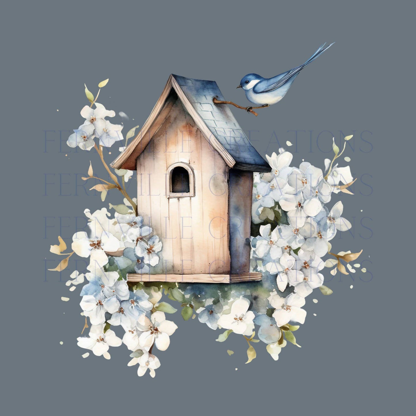 Fernville Creations - Birdhouse Printed Hand Towel with Blue Floral Accents
