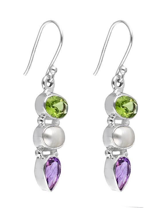 Tiramisu - Amethyst Peridot Pearl 925 Sterling Silver Dangle Earrings
