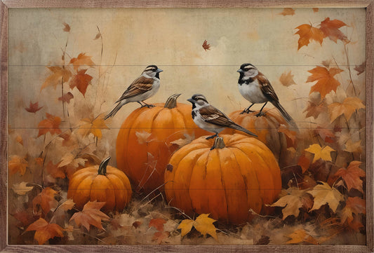 Kendrick Home - Sparrows On Pumpkins: 16 x 10 x 1.5