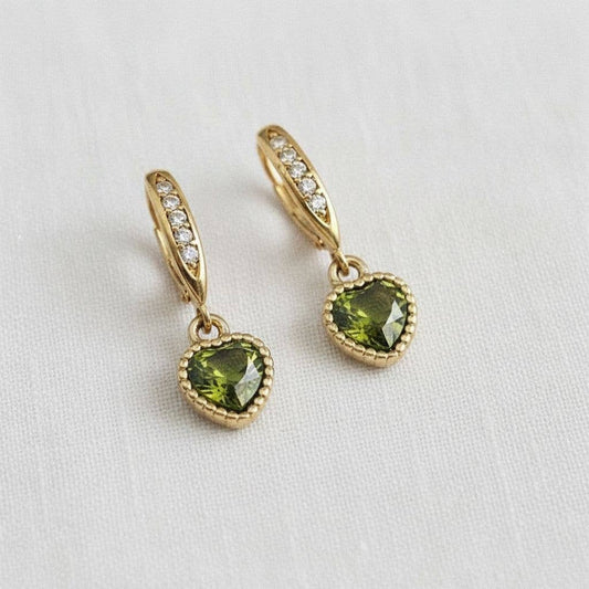 Ellemadera -  Olive Green Cubic Zirconia Heart Earrings