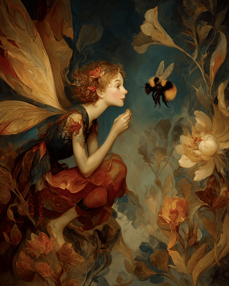 Mowbi - Fairy Inviting Bumblebee to Tea Art Print - Fairies 8"x10" Artwork for 12"x14" Frame