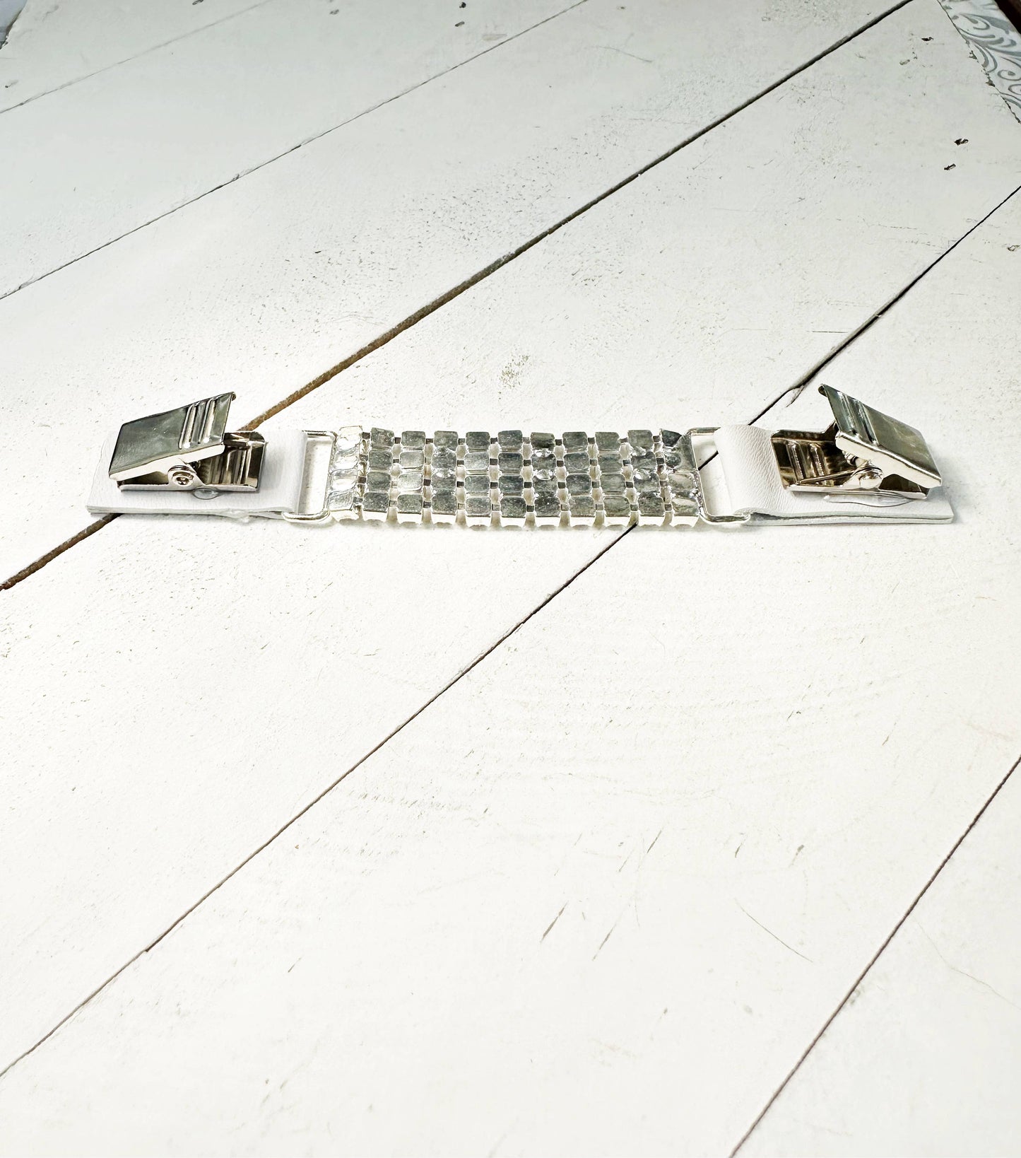 KardiKlips - Rhinestones & White Leather Straight Cinch Clip for Dresses