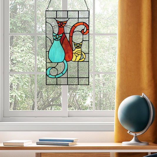 River of Goods - 14"H Coy Cats Trio Stained Glass Window Panel