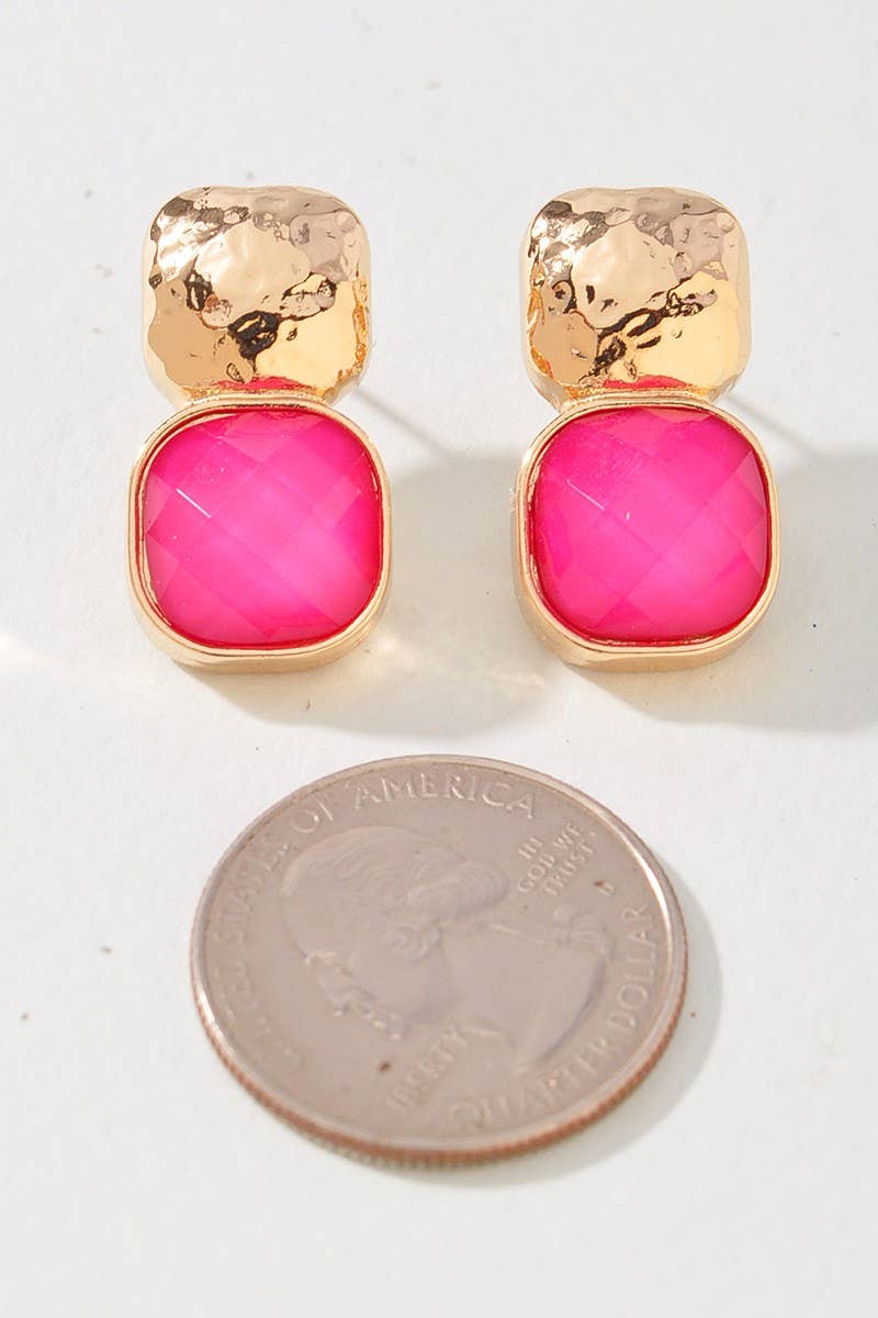 anbfashion - HAMMERED METAL SQUARE STONE EARRING : Gdgrn
