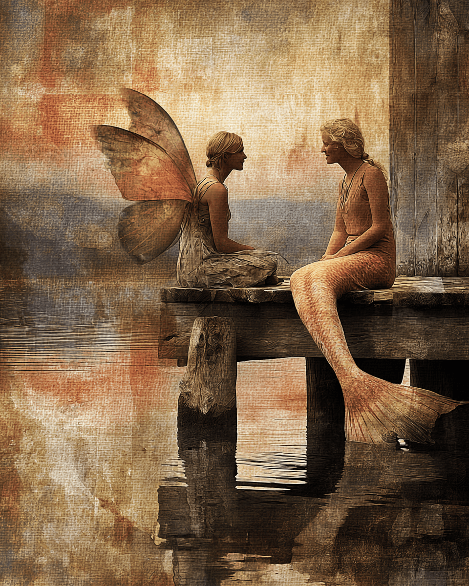 Mowbi - Fairy and Mermaid on a Dock - Fairies Art Print - 8"x10" Artwork for 12"x14" Frame