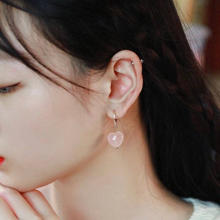 Haengseongworkshop - 18K Gold Plated 10/12mm Rose Quartz Heart Earrings: 12mm