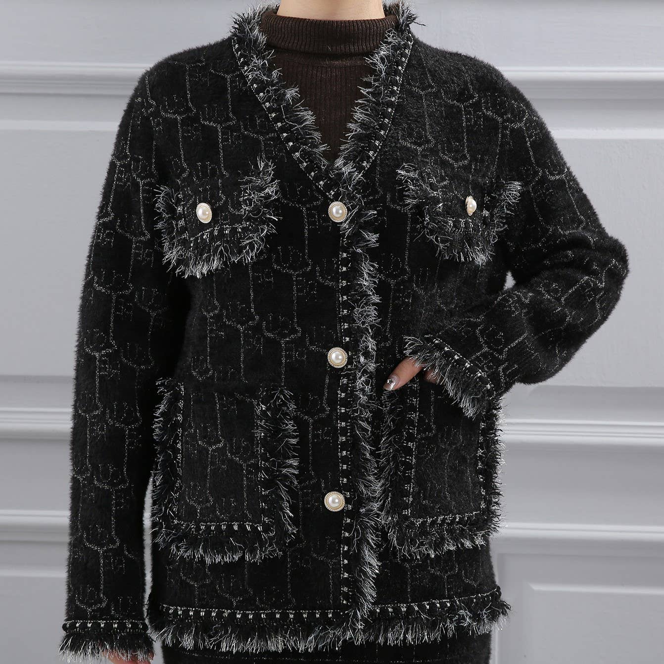 PEACH ACCESSORIES -  Elegance Bouclé Cardigan with Pearl Accents SD190: Black