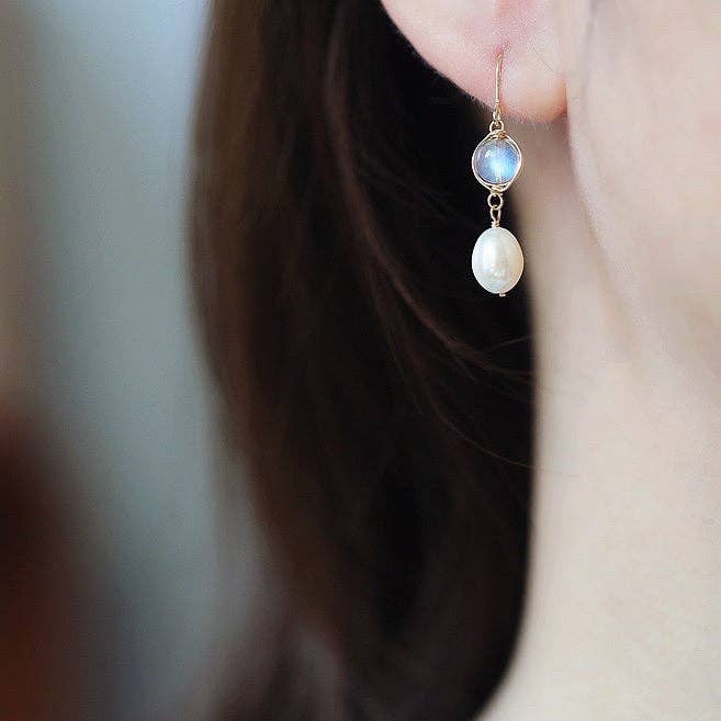 Haengseongworkshop - 18K Gold Plated 5mm Labradorite 8mm Freshwater Pearls Wire Wrapped Earrings