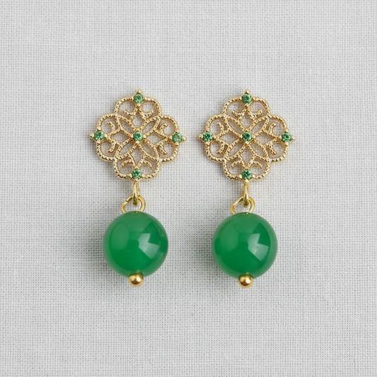 Ellemadera - Filigree Green Agate and Zircon Earrings