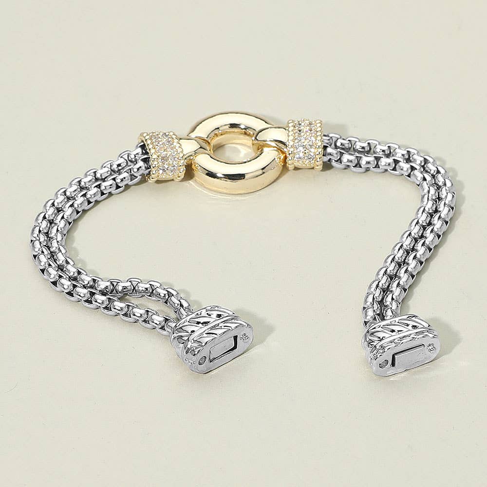 Sensibling Corp. - 14K Gold Plated CZ Stone Paved Circular Centerpiece Dual Chain Magnetic Bracelet