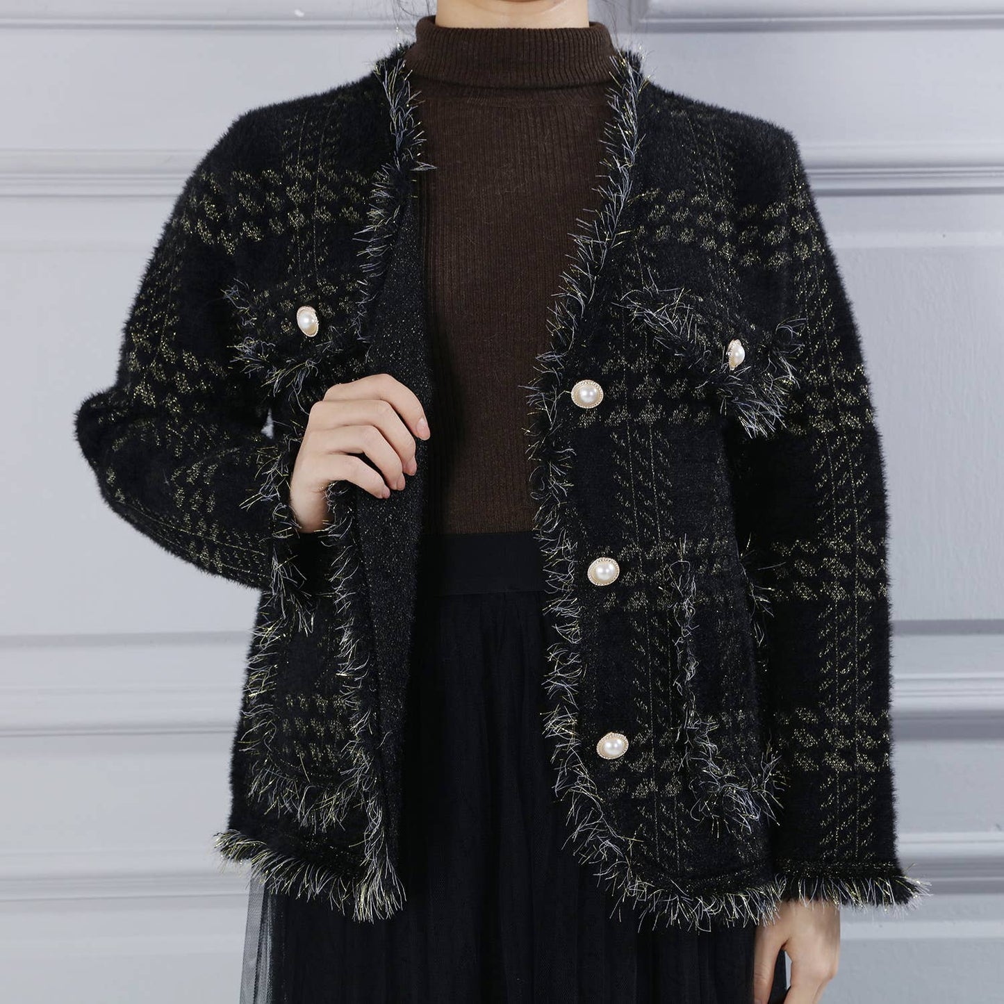 PEACH ACCESSORIES - SD190 Soft cardigan with Shinny Silver details: Black