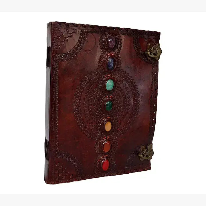 Tuzech Leather - Tuzech Handmade Vintage Seven Chakra Stone Embossed Diary: Brown / 10 x 7 inch / Unlined
