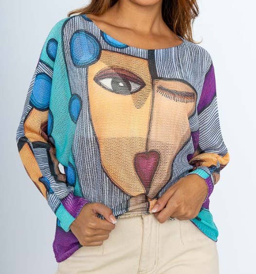LOOWIE - C5130 Blue "Picasso" Printed Spring Long Sleeves Sweater