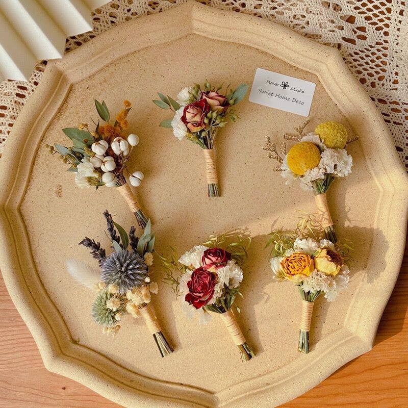 Sweet Home Deco - Boho Greenery Mini Floral Bouquet, Dried Flower Boutonniere: Style F