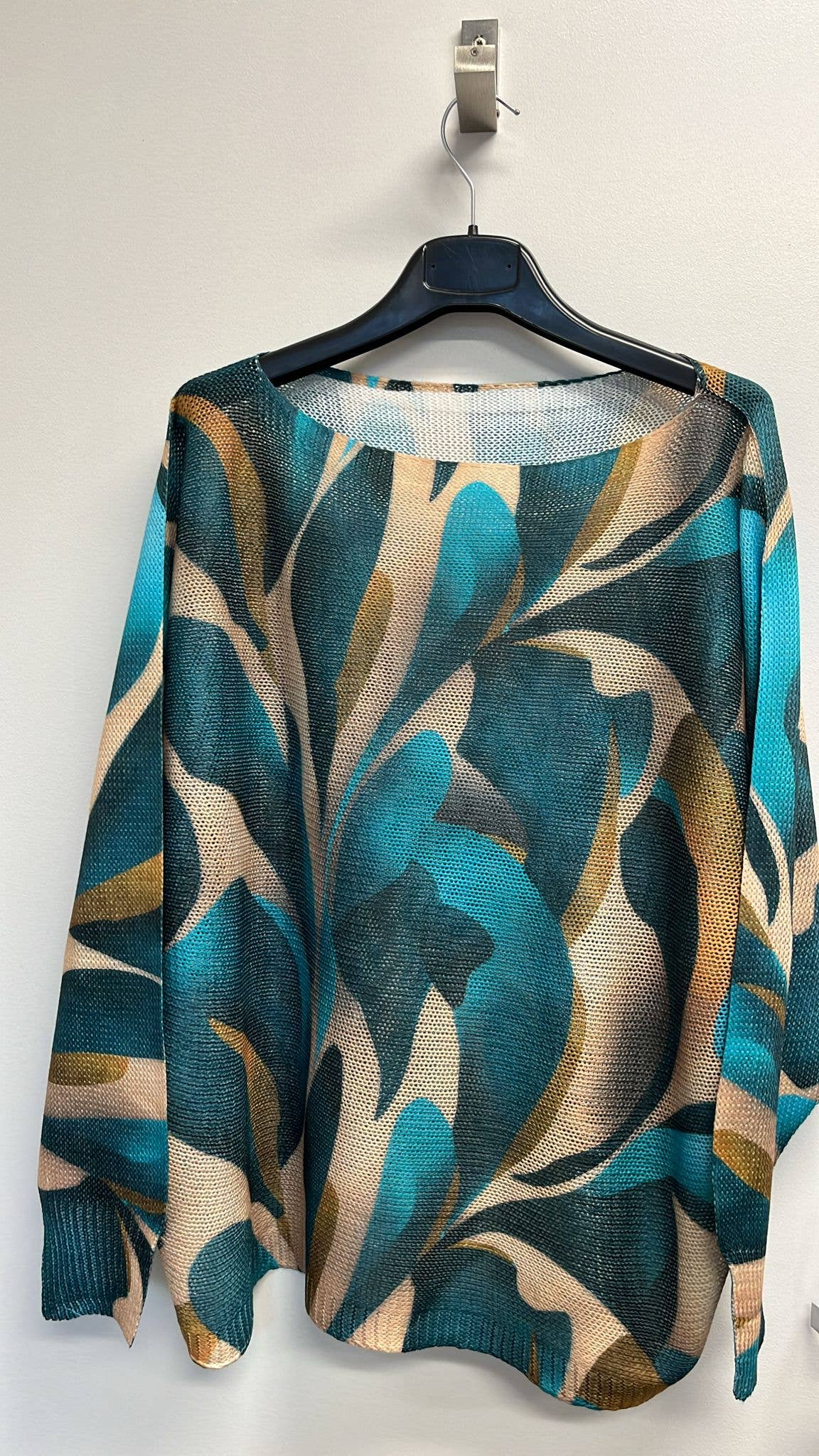 LOOWIE - VILET Teal Leaves Round Neck Knit Printed Sweater LOOWIE
