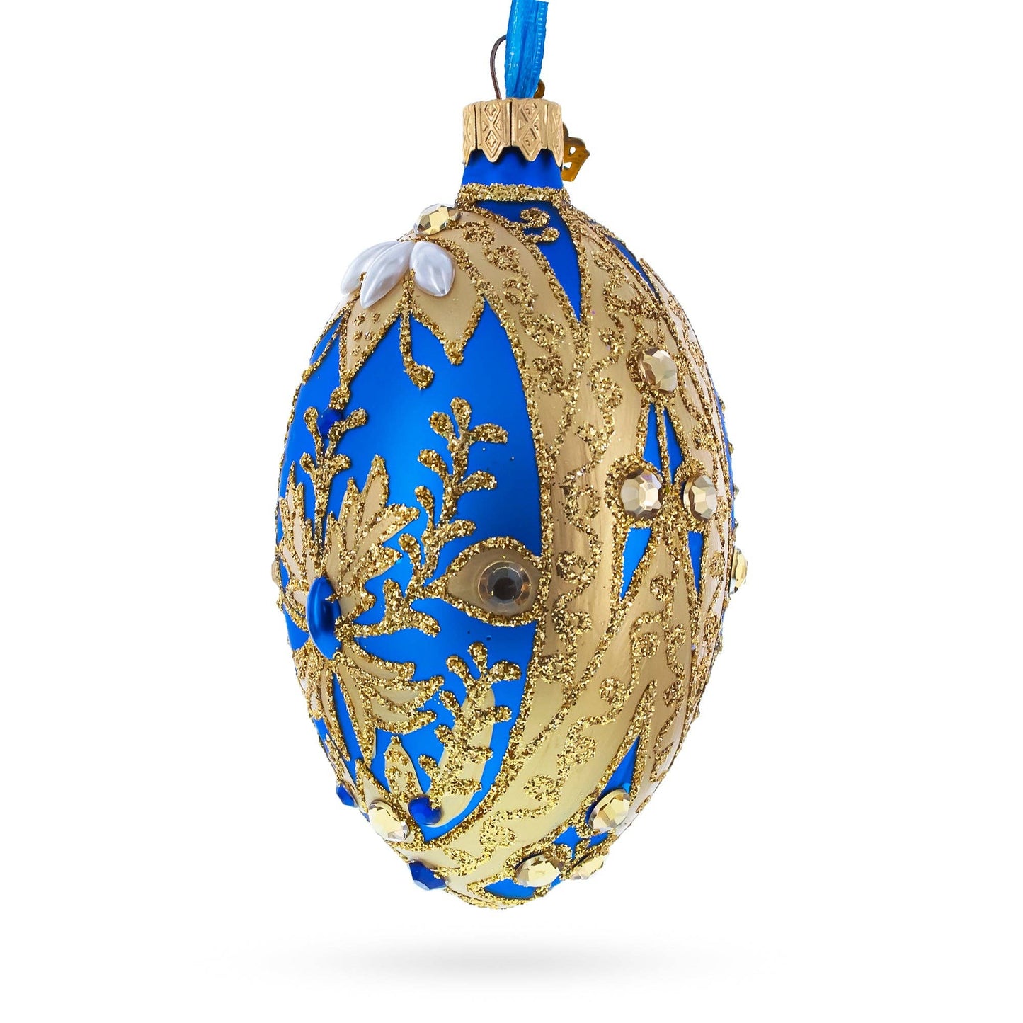 BestPysanky - Golden Swirls on Blue Glass Egg Ornament