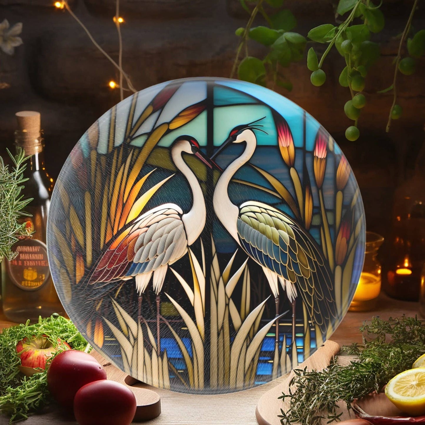 Fernville Creations - Crane Charcuterie Tempered Glass Cutting Board, Serving Tray: 12 - Inch