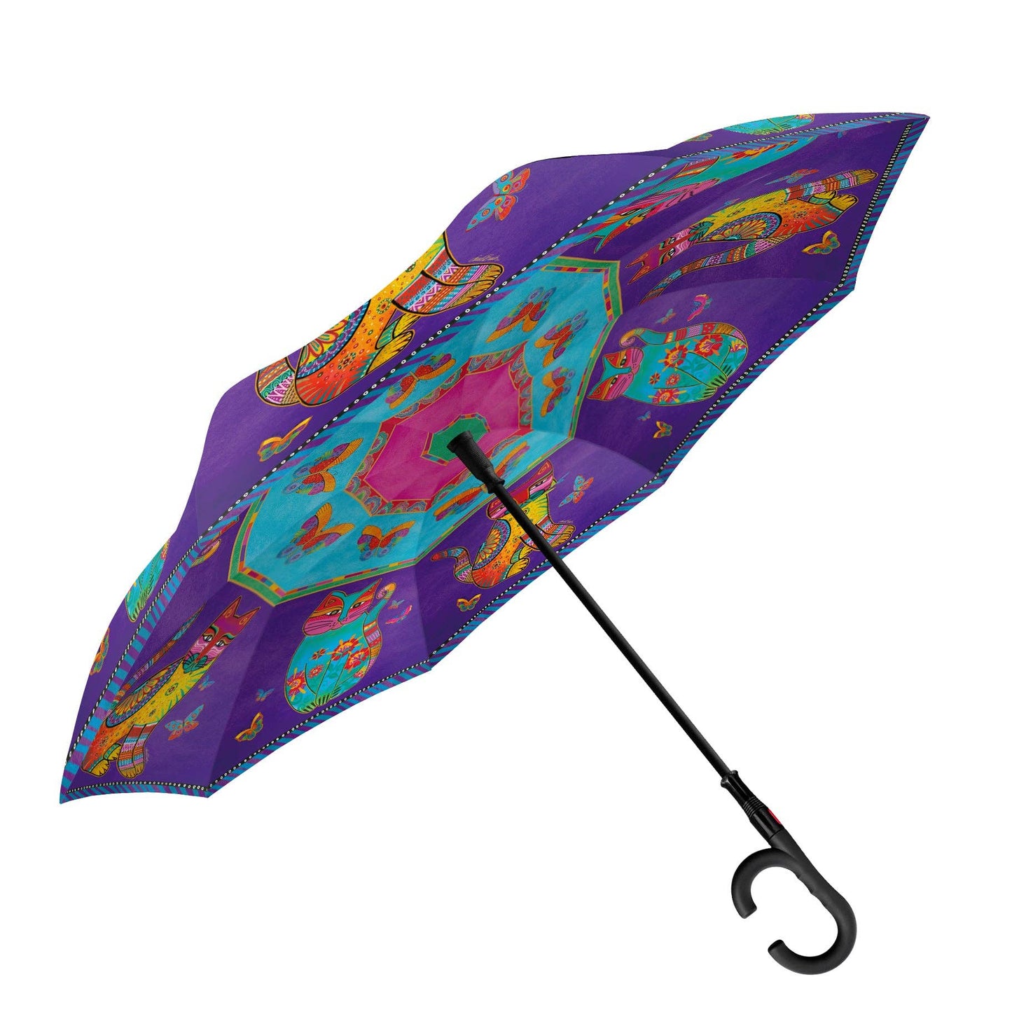 RainCaper - Laurel Burch Cats & Butterflies Reverse Inverted Umbrella – Hands-Free, Windproof Design