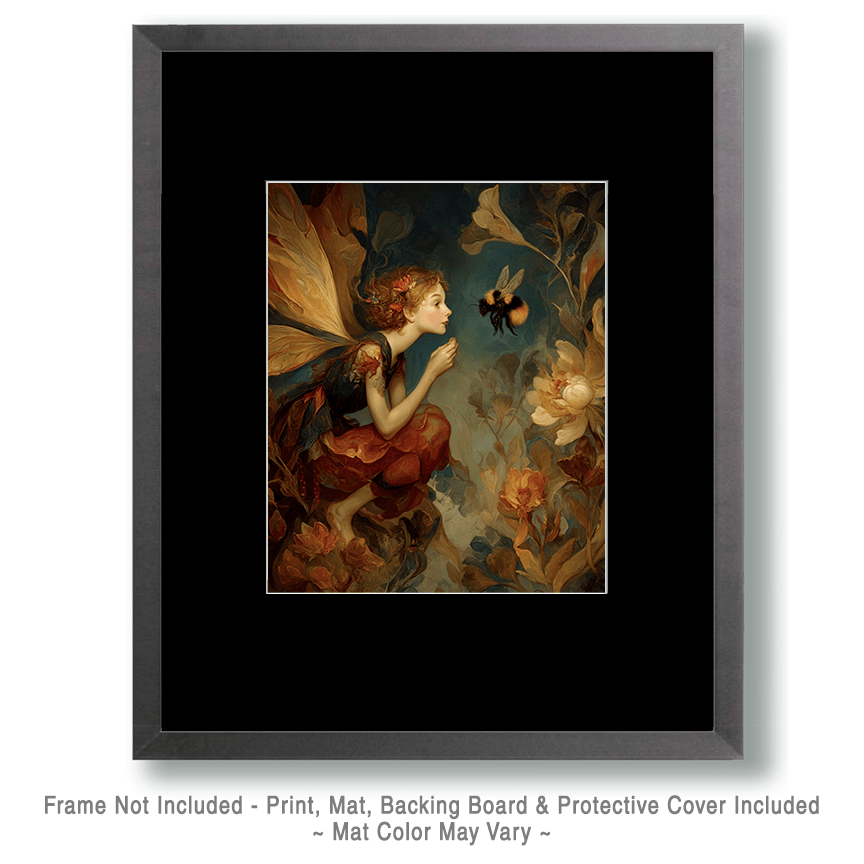 Mowbi - Fairy Inviting Bumblebee to Tea Art Print - Fairies 8"x10" Artwork for 12"x14" Frame