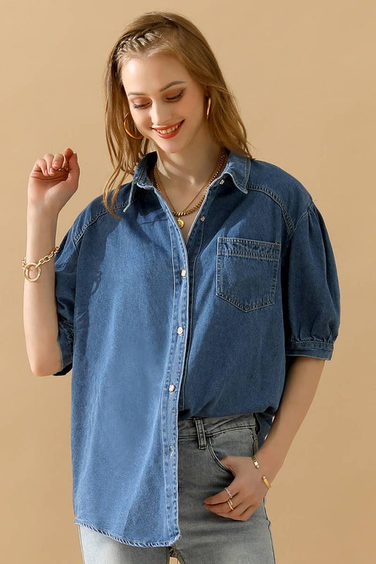 NINEXIS - CWJT0001-B_SHORT PUFF SLEEVE BUTTON DOWN DENIM SHIRTS: DENIM / (S) 1