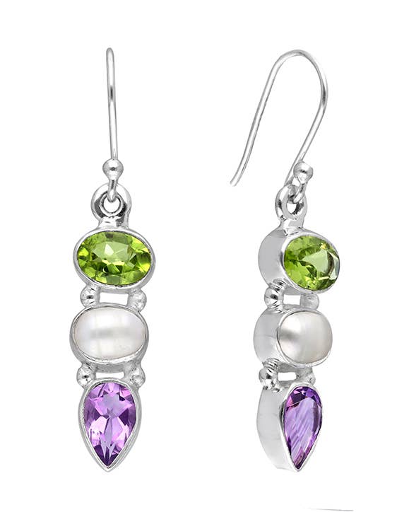 Tiramisu - Amethyst Peridot Pearl 925 Sterling Silver Dangle Earrings