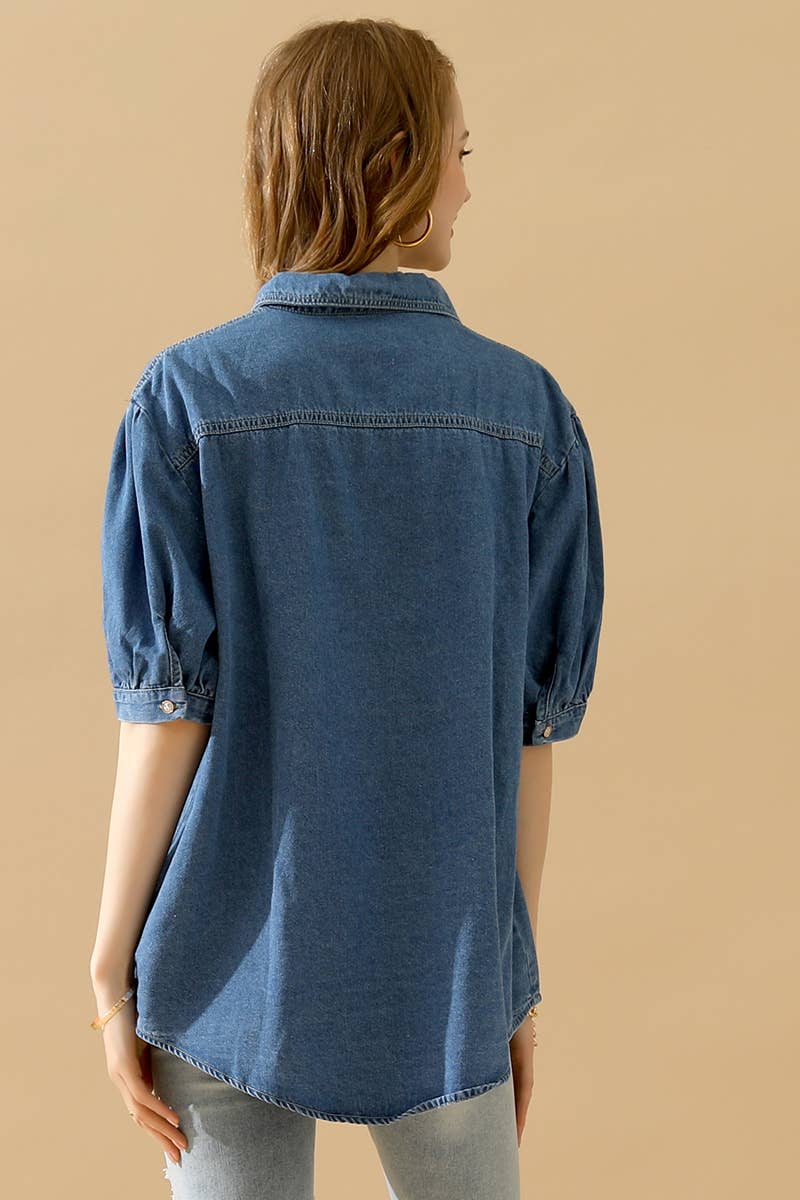 NINEXIS - CWJT0001-B_SHORT PUFF SLEEVE BUTTON DOWN DENIM SHIRTS: DENIM / (M) 1
