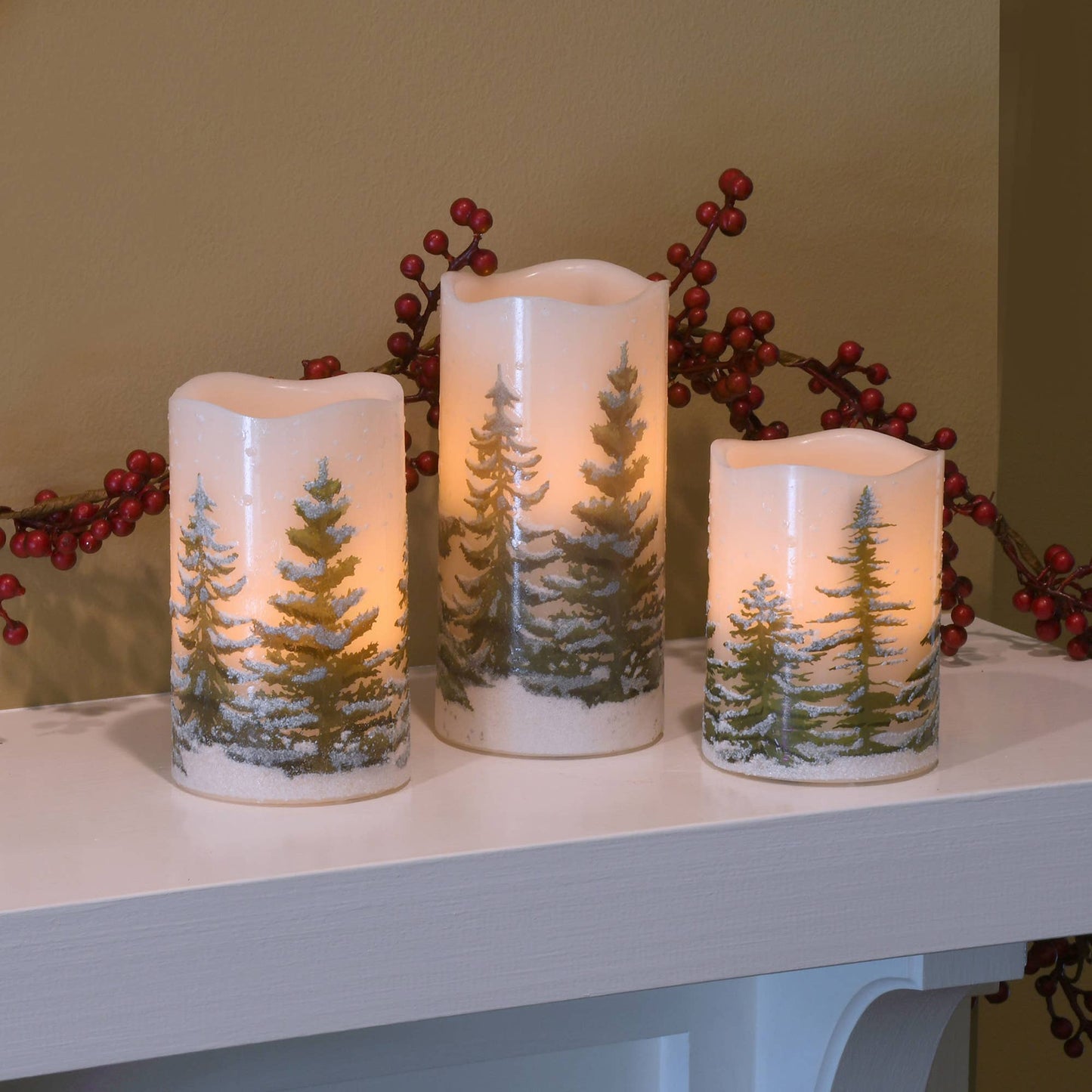 LumaBase - Battery Operated LED Wax Candles, Green Pines - Set of 3