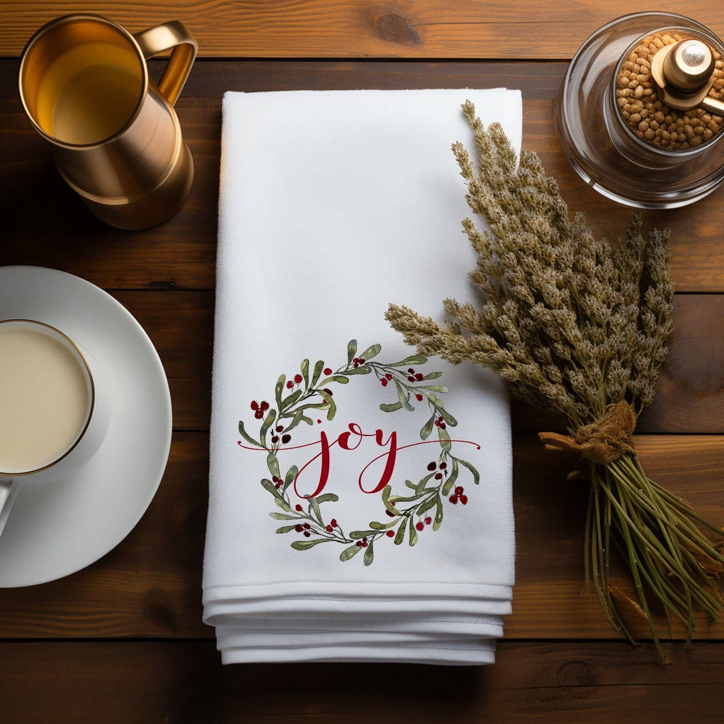 Fernville Creations - Elegant Christmas "Joy" Wreath Holiday / Winter Hand Towel