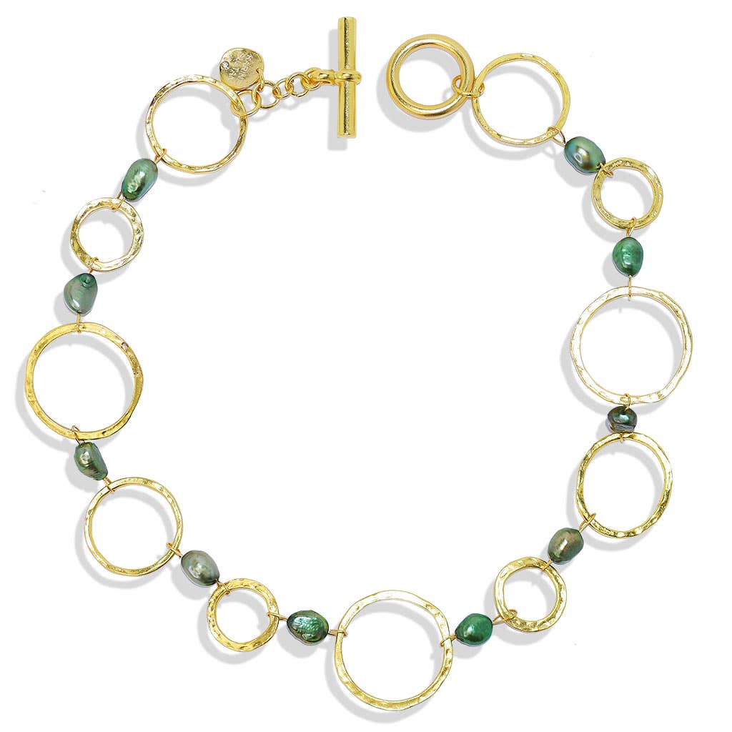 KARINE SULTAN - Hammered circle collar necklace with green pearl accent: Gold
