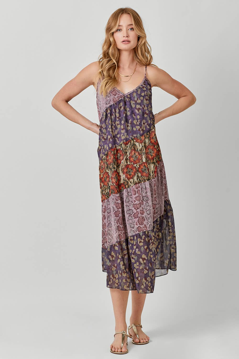 Mystree - 60071 Print Mixed Maxi Dress: Lavender Mix / Medium