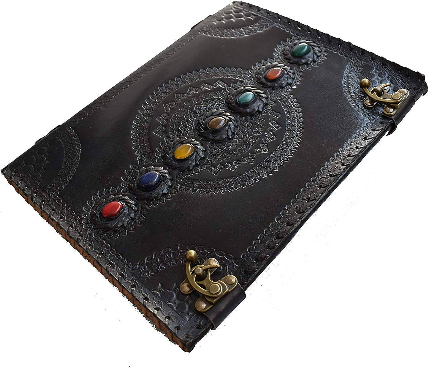 Tuzech Leather - Tuzech Seven Chakra Medieval Stone Embossed Handmade Jumbo Leather Journal Book of Shadows Notebook Office Hocus Pocus Diary College Poetry Sketch With Leather Bound: Brown / 10 x 7 Inches