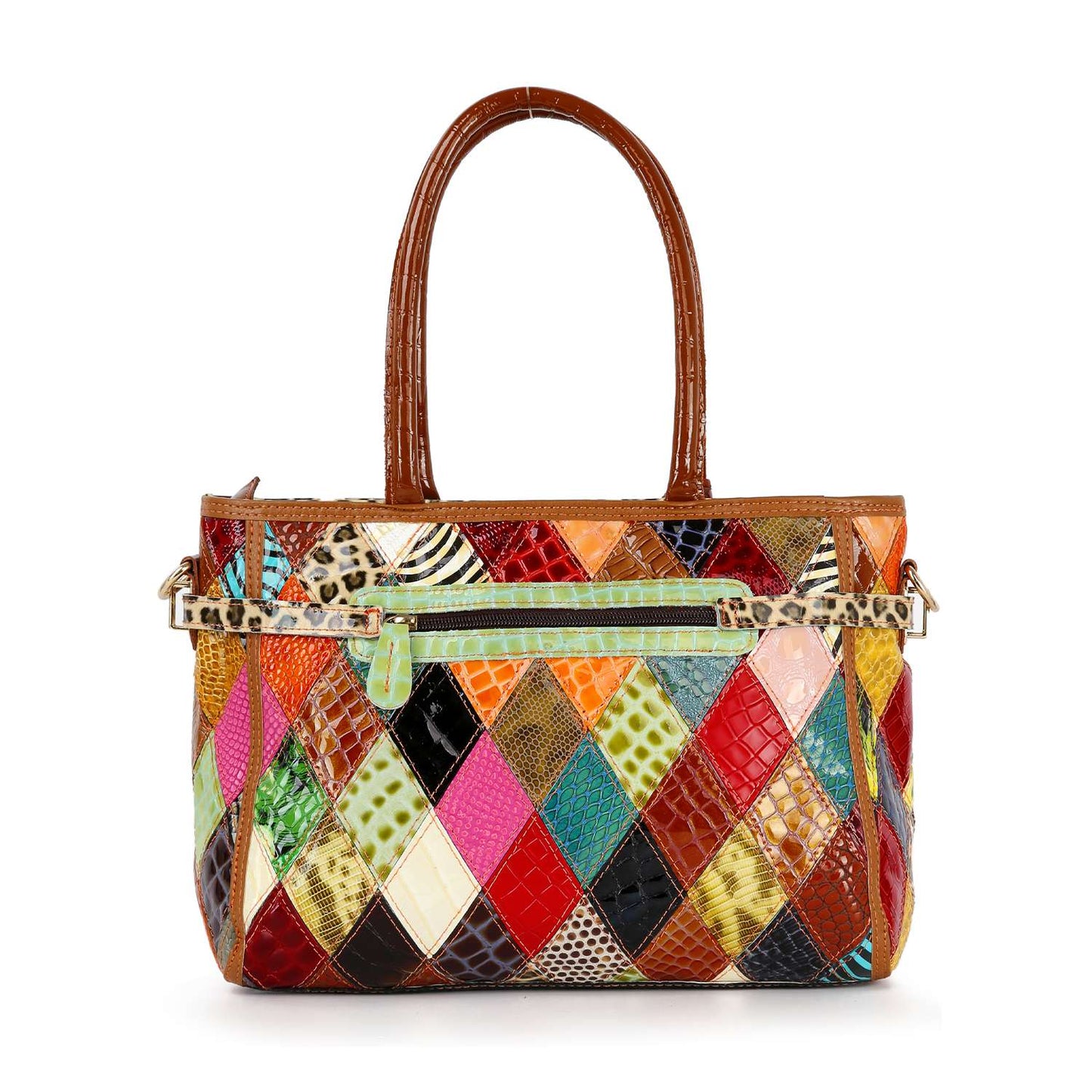 Handbag Express - Genuine Leather Colorful Belted Tote Handbag: Multi