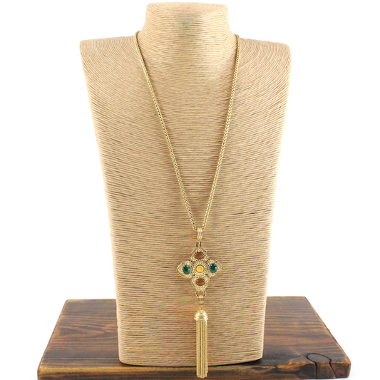 Pretty Persuasions - N24069 Stone Adorned Stainless Steel Pendant Tassel Necklace: 01 Multi