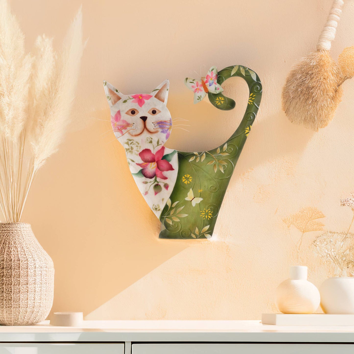 Eangee Home Design - Cat Wall Decor White And Green, Capiz & Metal, Outdoor Safe