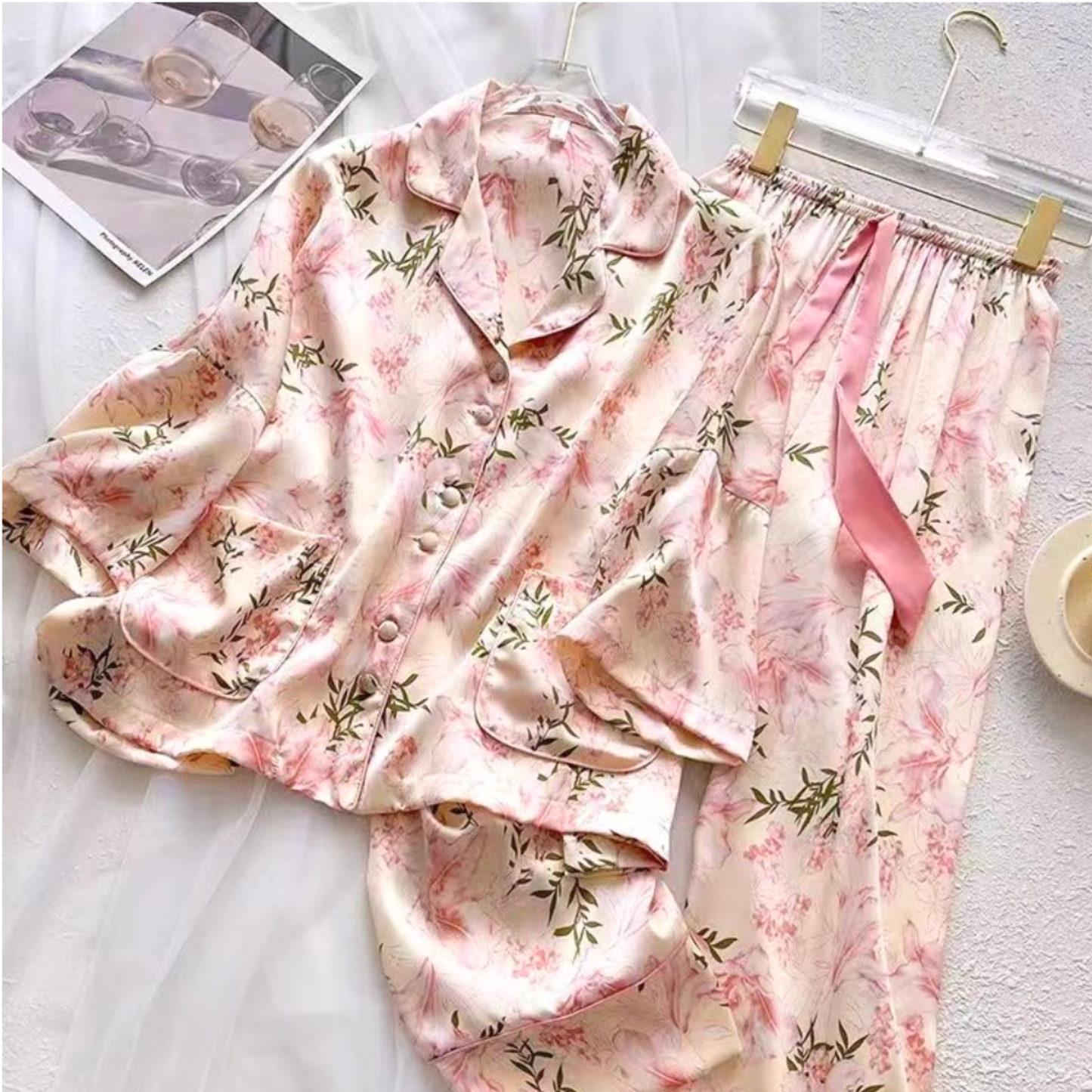 DrifWoo - Floral Satin Pajama Set – Premium Ice Silk Feel with Pockets: XS
