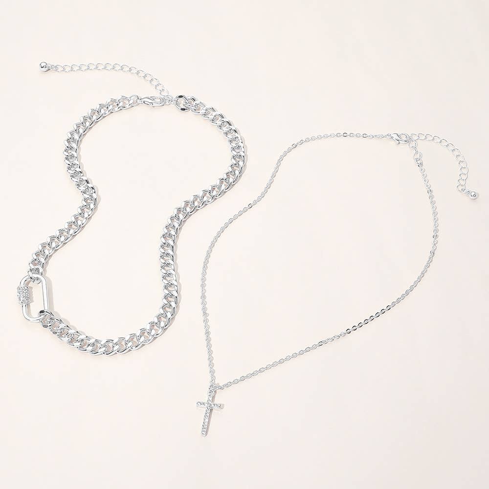 Sensibling Corp. - 2PCS - Gold Dipped Stone Pave Cross Pendant Carabiner Accent Chunky Chain Necklaces: Clear,Rhodium