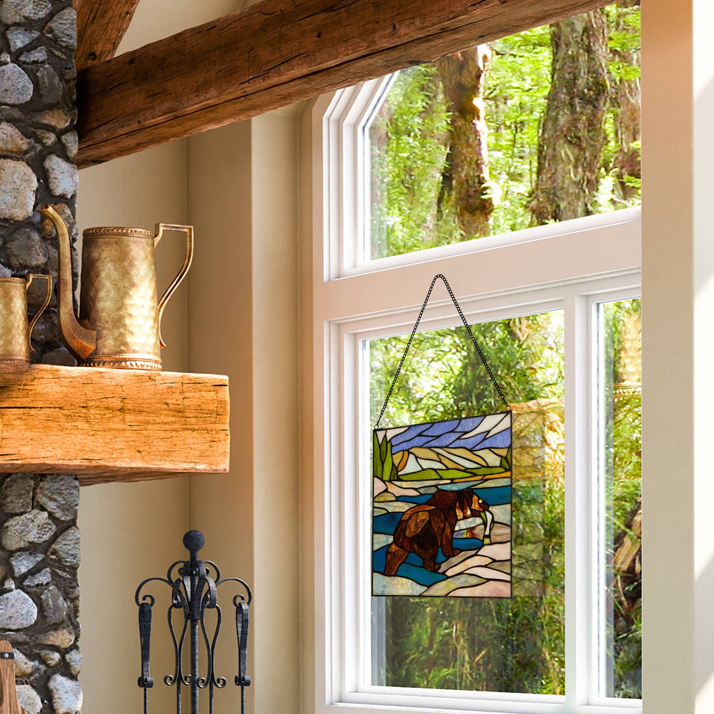 River of Goods - 14"H Brown Bear Stained Glass Window Panel