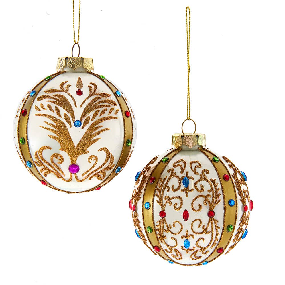 Kurt S. Adler, Inc. - 80MM Glass White and Gold Jeweled Ornaments, 2 Assorted