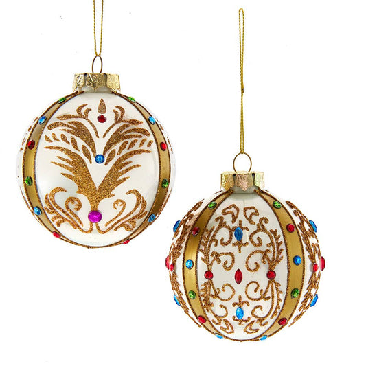 Kurt S. Adler, Inc. - 80MM Glass White and Gold Jeweled Ornaments, 2 Assorted