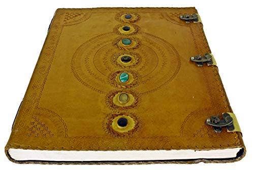 Tuzech Leather - Tuzech Seven Chakra Medieval Stone Embossed Handmade Jumbo Leather Journal Book of Shadows Notebook Office Hocus Pocus Diary College Poetry Sketch With Leather Bound: Brown / 10 x 7 Inches