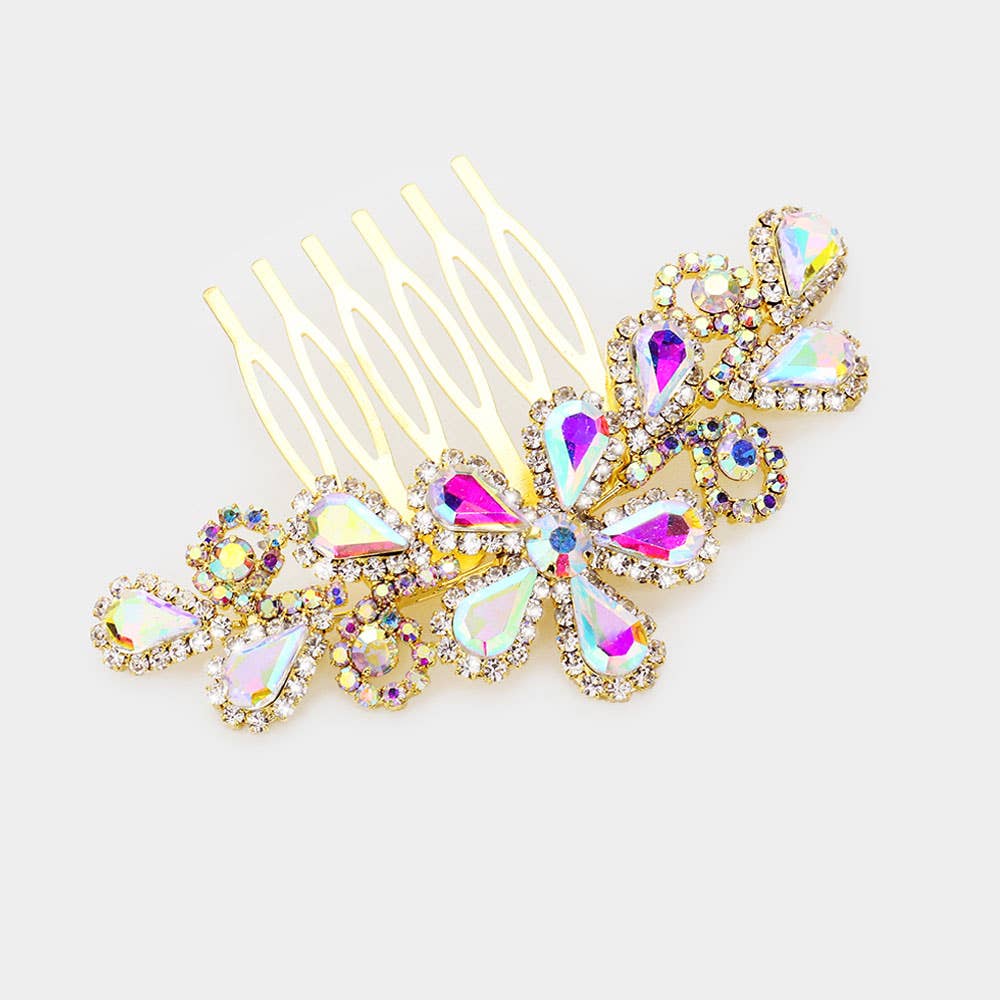 Sensibling Corp. - Teardrop Stone Flower Leaf Hair Comb: AB,Gold