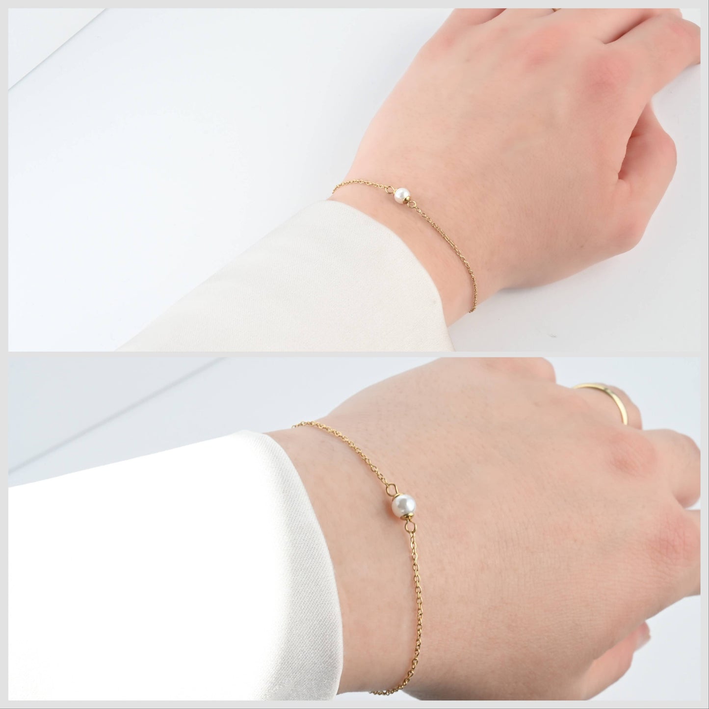 Blueyejewelry - Dainty Pearl Bracelets - 18k Gold Pearl Chain Bracelets: A. Single Pearl