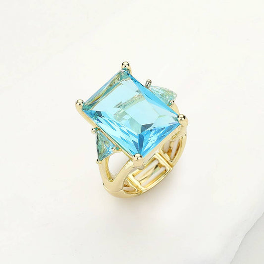 Sensibling Corp. - Rectangle Crystal Stretch Ring: Aqua